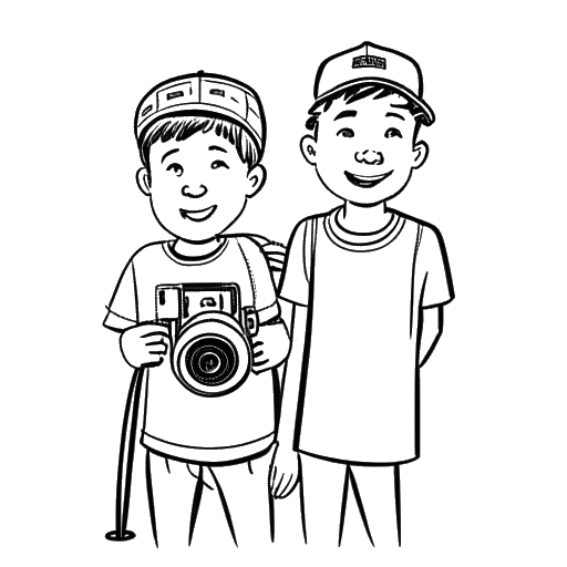 Line art drawing of two brothers, with the older one representing Fanum, posing together in front of a video camera.