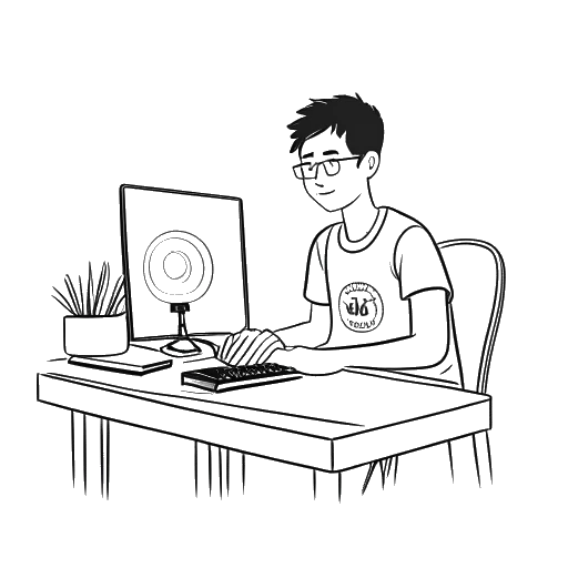 Line art drawing of a teenage boy, representing Fanum, sitting at a desk and holding a video camera. A YouTube logo is visible on a computer screen in the background.