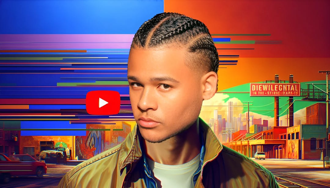 Fanum (Roberto Gonzalez), a mid-20s male with a charismatic smile and braided hairstyle adorned with beads, looking straight into the camera. The vibrant and bold background represents New York City, where Fanum resides and creates content for his YouTube and Twitch channels. He wears casual attire, exuding a relatable and down-to-earth personality.