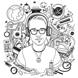 Disegno in arte lineare di un uomo, rappresentante Diplo (Thomas Wesley Pentz), circondato da icone musicali. L'immagine simboleggia le sue collaborazioni con artisti mainstream e la sua capacità di connettersi con sfondi e generi diversi. L'opera è resa in bianco e nero su sfondo bianco.
