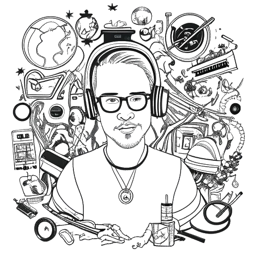 Lijnkunsttekening van een man, die Diplo (Thomas Wesley Pentz) vertegenwoordigt, omringd door muzikale iconen. De afbeelding symboliseert zijn samenwerkingen met mainstream artiesten en zijn vermogen om verbinding te maken met diverse achtergronden en genres. De illustratie is in zwart-wit tegen een witte achtergrond.