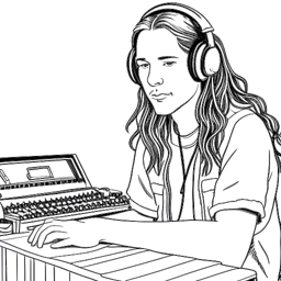 Lijnkunsttekening van een man, die Diplo (Thomas Wesley Pentz) vertegenwoordigt, met lang haar en casual kleding, staand voor een radiostation booth, met koptelefoon op. De afbeelding vat zijn passie voor muziek samen. De illustratie is in zwart-wit tegen een witte achtergrond.