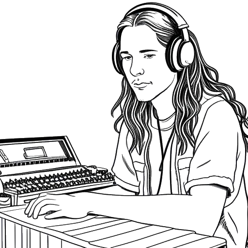 Strichzeichnung eines Mannes, der Diplo (Thomas Wesley Pentz) darstellt, mit langen Haaren in legerer Kleidung vor einer Radiostation, Kopfhörer tragend. Das Bild veranschaulicht seine Leidenschaft für Musik. Das Kunstwerk ist in Schwarz-Weiß vor einem weißen Hintergrund dargestellt.