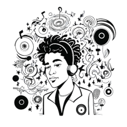 Lijnkunsttekening van een man, die Diplo (Thomas Wesley Pentz) vertegenwoordigt, met een kenmerkend kapsel en omringd door muzieknoten en platen. De afbeelding symboliseert zijn rol in het oprichten van het iconische platenlabel Mad Decent. De illustratie is in zwart-wit tegen een witte achtergrond.