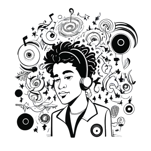 Desenho artístico de um homem, representando Diplo (Thomas Wesley Pentz), com um penteado distintivo e cercado por notas musicais e discos. A imagem simboliza seu papel na fundação da icônica gravadora Mad Decent. A obra é feita em preto e branco em um fundo branco.