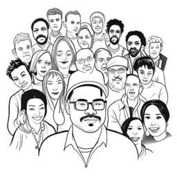 Line art drawing of a man, representing Diplo (Thomas Wesley Pentz), surrounded by diverse individuals. The image symbolizes his work with the non-profit organization Heaps Decent and his commitment to empowering aspiring musicians from disadvantaged backgrounds. The artwork is rendered in black and white against a white background.