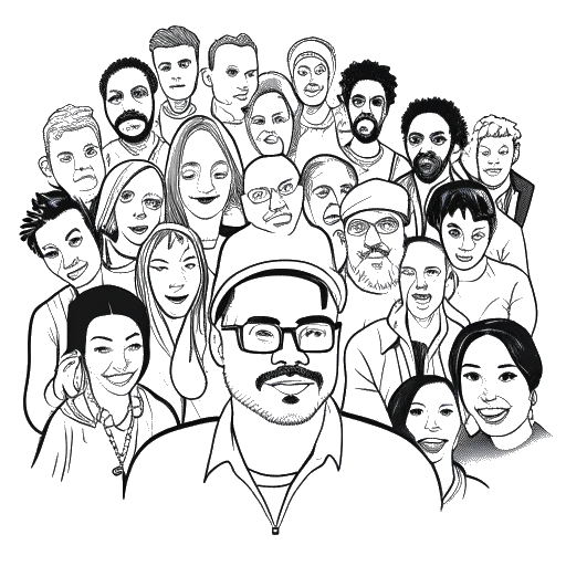 Line art drawing of a man, representing Diplo (Thomas Wesley Pentz), surrounded by diverse individuals. The image symbolizes his work with the non-profit organization Heaps Decent and his commitment to empowering aspiring musicians from disadvantaged backgrounds. The artwork is rendered in black and white against a white background.