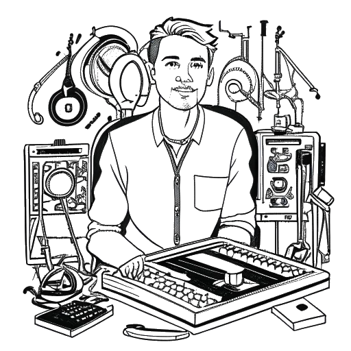 Dibujo de arte lineal de un hombre representando a Diplo, exudando confianza, rodeado de instrumentos musicales, escenarios de conciertos, sellos discográficos y signos de dólar contra un fondo blanco.