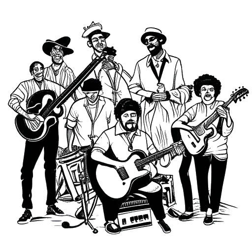 Strichzeichnung eines Mannes, der Diplo darstellt, mit einer Gruppe von Musikern im Hintergrund mit den Wörtern 'Bonde do Rolê' und 'Funk Carioca'