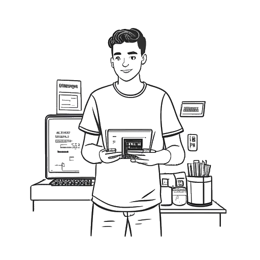 Desenho em arte de linha de um jovem, representando Diplo, segurando um computador e um sampler com logotipos de lojas ao fundo