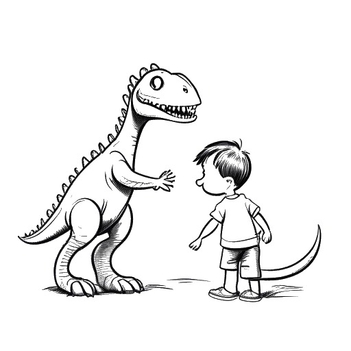 Lijntekening van een jongen, die Diplo voorstelt, met een dinosaurus speelgoed