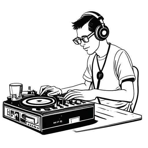 Desenho em arte de linha de um jovem, representando Diplo, discotecando em uma estação de rádio universitária