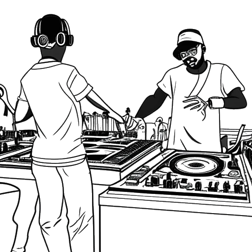 Line art drawing of two men, one representing Diplo, DJing with a crowd dancing