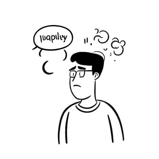 Dibujo de línea de un hombre, representando a Diplo, con un globo de pensamiento que contiene las palabras 'síndrome del impostor' y 'fingiéndolo'.