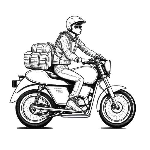 Dibujo de línea de un joven, representando a Diplo, en una motocicleta con una mochila llena de discos.