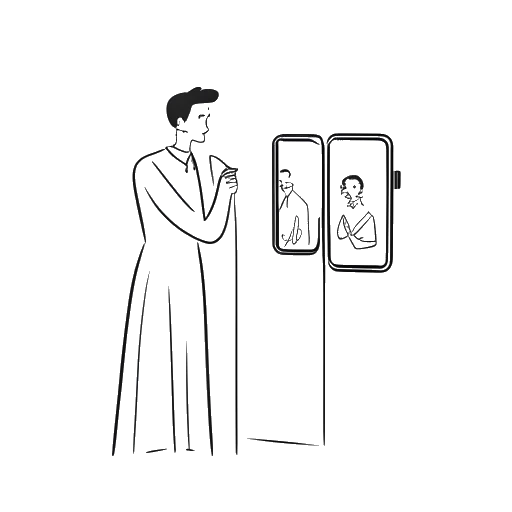 Desenho em arte de linha de um homem, representando Diplo, segurando um telefone com uma cena de casamento na tela