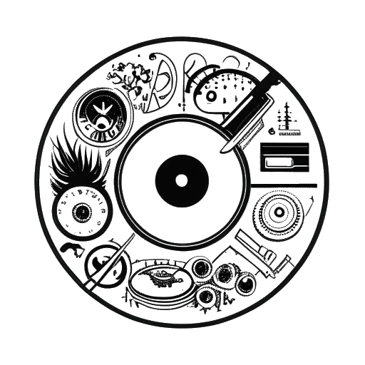 Desenho em arte de linha de um logo de selo musical, representando a Mad Decent, com vários gêneros musicais representados