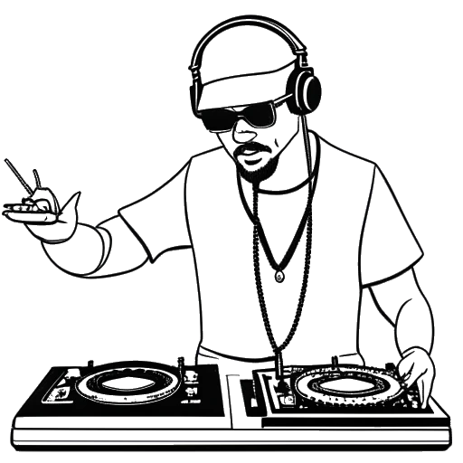 Strichzeichnung eines Mannes, der Diplo darstellt, beim DJing mit den Wörtern 'Major Lazer' und 'Lean On' im Hintergrund