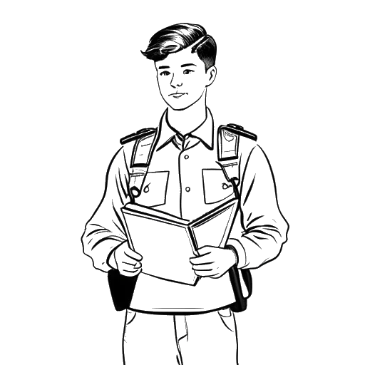 Desenho em arte de linha de um jovem, representando Diplo, em uniforme militar segurando livros escolares