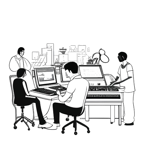 Desenho em arte de linha de um homem, representando Diplo, trabalhando na produção musical com silhuetas de vários artistas ao fundo