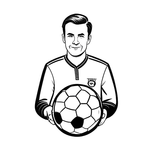 Desenho em arte de linha de um homem, representando Diplo, segurando uma bola de futebol com um distintivo de campanha política ao fundo