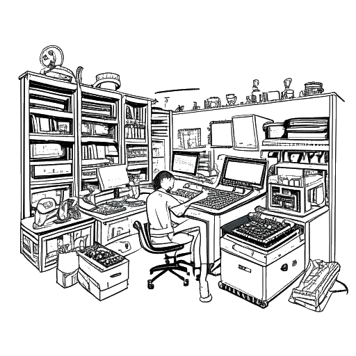 Dibujo de línea de un hombre, representando a Diplo, trabajando en un almacén lleno de equipo de música, cámaras y material de arte.