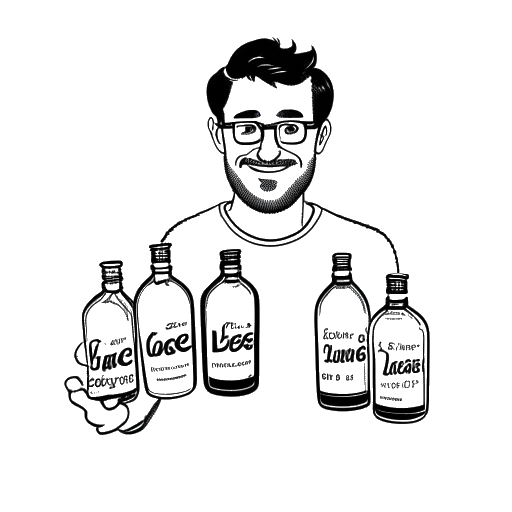 Line art drawing of a man, representing Diplo, holding three baby bottles labeled with the names Lockett, Lazer, and Pace