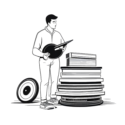 Dibujo de línea de un hombre, representando a Diplo, sosteniendo una pila de discos de vinilo con un documental reproduciéndose en un televisor en el fondo.