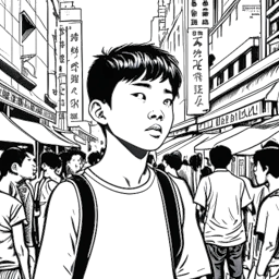 Dibujo lineal de un niño representando a Bruce Lee en una concurrida calle de Hong Kong, con carteles de ópera en el fondo.