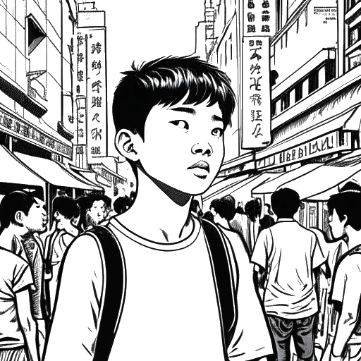 Dibujo lineal de un niño representando a Bruce Lee en una concurrida calle de Hong Kong, con carteles de ópera en el fondo.