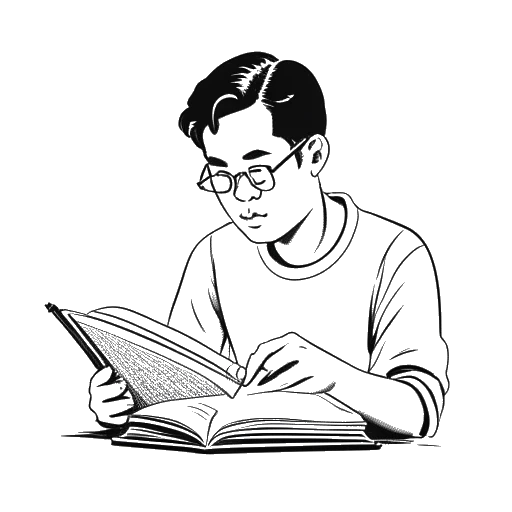 Illustration eines jungen Mannes, der Bruce Lee repräsentiert, vertieft in ein philosophisches Buch, mit einem Cha-Cha-Meisterschaftspokal in der Nähe.