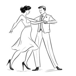 Line art drawing of a man, representing Bruce Lee, dancing cha-cha with a woman. A family portrait, and a wedding ring are also depicted in the scene.