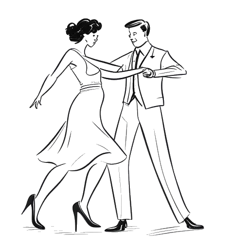 Line art drawing of a man, representing Bruce Lee, dancing cha-cha with a woman. A family portrait, and a wedding ring are also depicted in the scene.