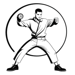 Illustratie van een sterke man die Bruce Lee vertegenwoordigt in een vechtsportpositie, met een filmbobijn op de achtergrond.