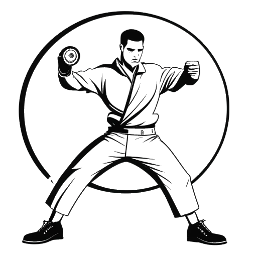 Illustratie van een sterke man die Bruce Lee vertegenwoordigt in een vechtsportpositie, met een filmbobijn op de achtergrond.