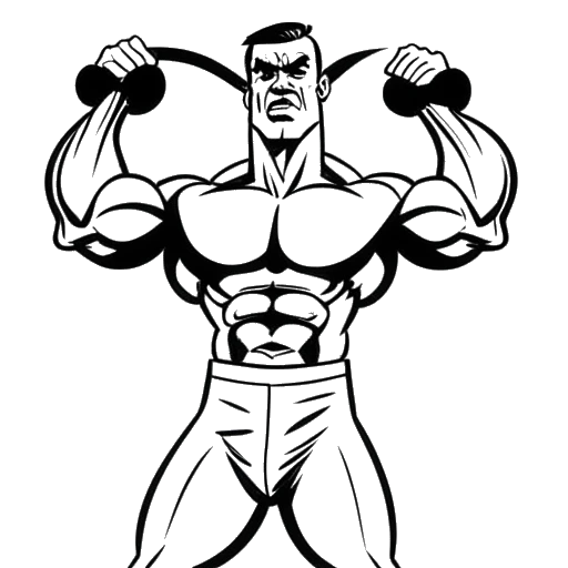 Dibujo de arte lineal de un hombre, simbolizando a Bruce Lee, en una postura muscular con una mano formando una pose de lucha y la otra sosteniendo una bobina de película, proyectando un grito icónico mientras está parado contra un fondo liso.