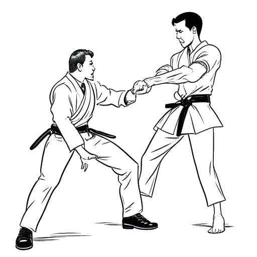 Lijntekening van Bruce Lee die vechtkunsten onderwijst aan bekendheden