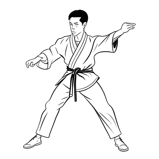 Desenho em arte linear de Bruce Lee ensinando artes marciais