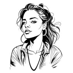 Desenho de arte em linha de uma jovem confiante representando Lady Gaga, com um espírito rebelde, mostrando resiliência ao desistir da NYU para seguir sua paixão pela música.