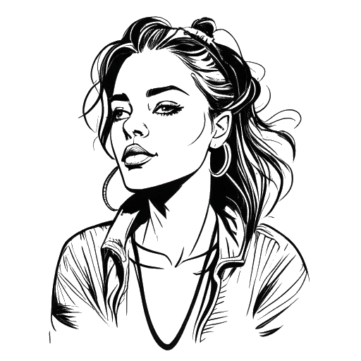 Desenho de arte em linha de uma jovem confiante representando Lady Gaga, com um espírito rebelde, mostrando resiliência ao desistir da NYU para seguir sua paixão pela música.