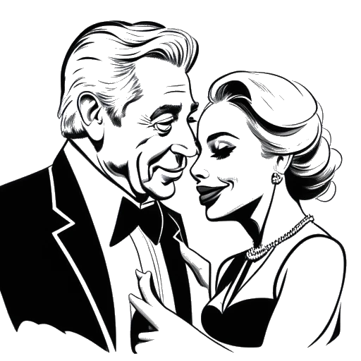 Line art drawing of Lady Gaga collaborating with Tony Bennett, showcasing her acting skills, and engaging in philanthropic work, representing her artistic range and dedication to making a positive impact.