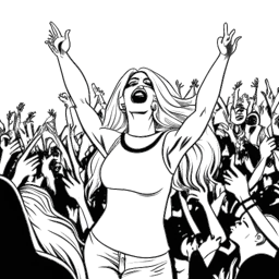 Line art drawing of Lady Gaga surrounded by a crowd of enthusiastic fans and music notes, representing her global success as a pop icon.