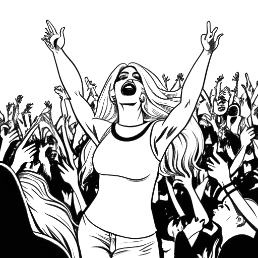 Line art drawing of Lady Gaga surrounded by a crowd of enthusiastic fans and music notes, representing her global success as a pop icon.