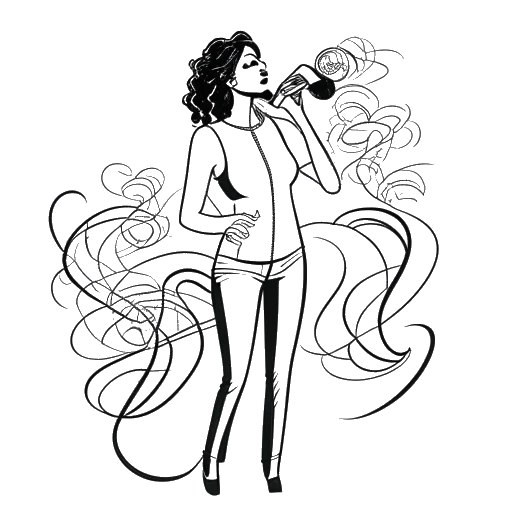 A black and white line drawing of Lady Gaga, a vibrant and dynamic woman with a unique sense of style. She stands confidently with a microphone in hand, surrounded by musical notes and dollar signs, against a white backdrop.