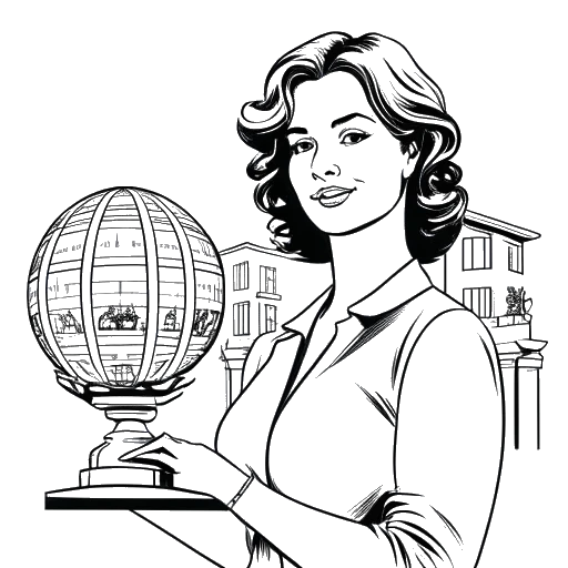 Line art drawing of Lady Gaga holding a Golden Globe award, with a hotel and a horror movie scene in the background.