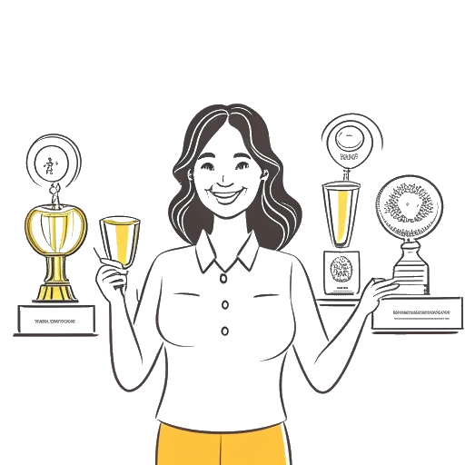 Line art drawing of Lady Gaga holding multiple awards, with record sales and achievement certificates in the background.