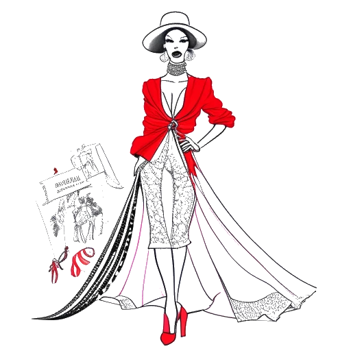 Lijntekening van Lady Gaga die een excentriek outfit draagt, met modetijdschriften en een rode loper op de achtergrond.