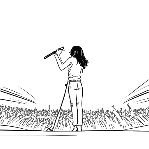 Line art drawing of Lady Gaga performing on stage, with a stadium and spotlights in the background.