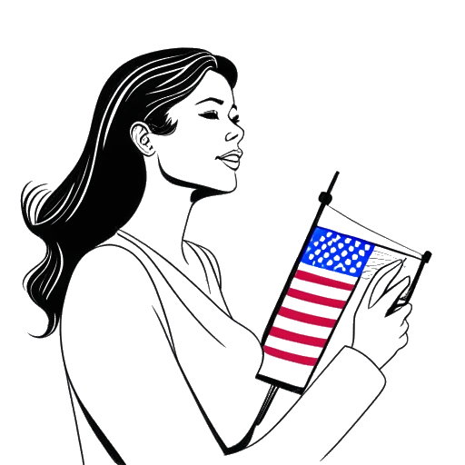 Line art drawing of Lady Gaga holding the 'Chromatica' album, with the US flag and a Billboard chart in the background.
