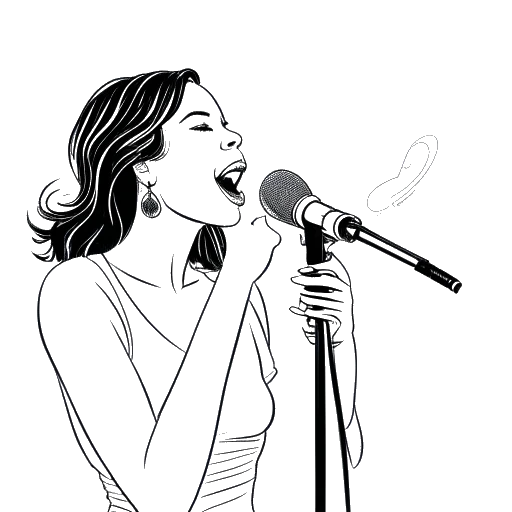 Line art drawing of Lady Gaga holding a microphone, with album covers and musical notes in the background.